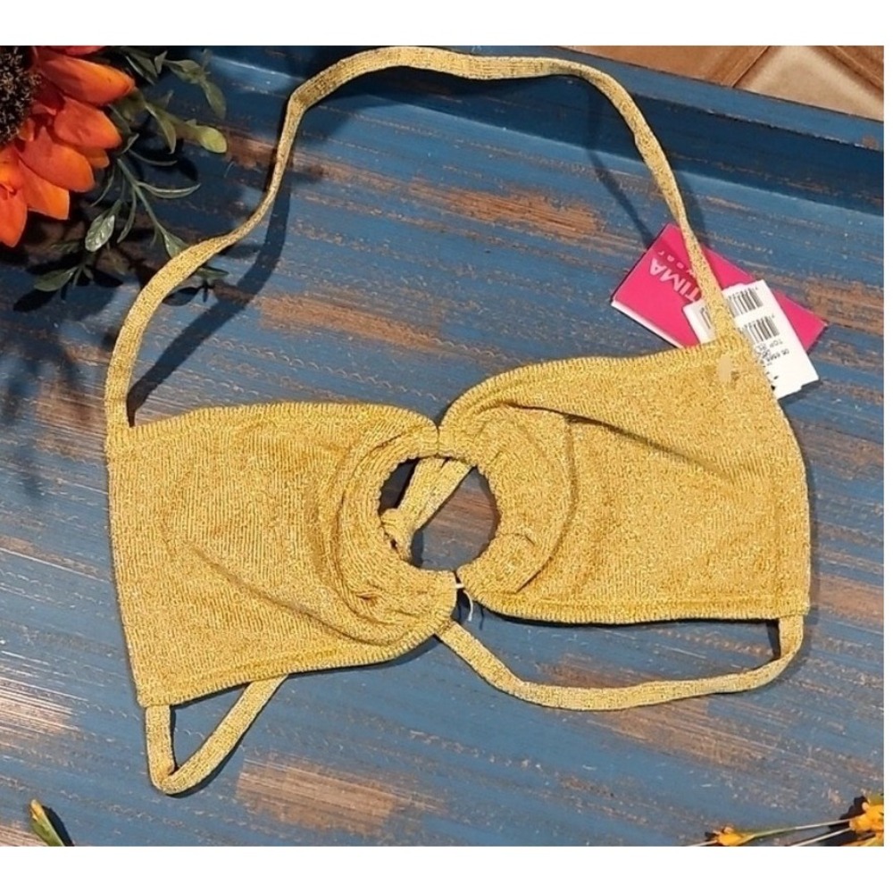 Cia Maritima Gold Metallic Ring Halter Bikini Top 05 6566 8‎ Size M NWT